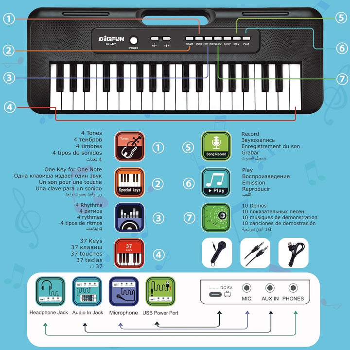 Klavier Keyboard Kinder,37 Tasten Klavier für Kinder Musikalisches Klavier mit Mikrofon Tragbares Le