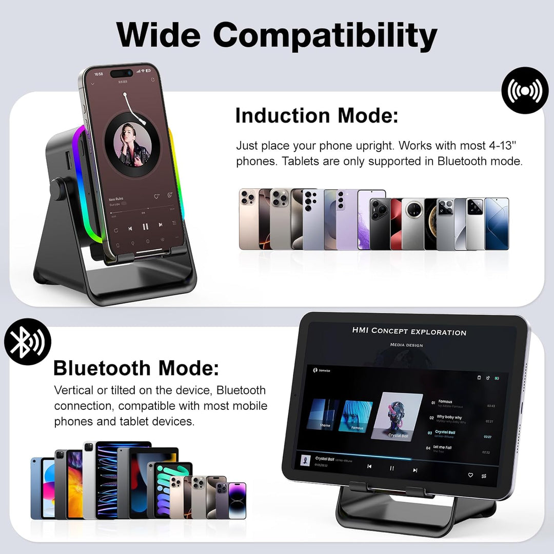 GIM Induktions-Bluetooth-Lautsprecher mit RGB & 4-in-1 Design – Für 4-13 Zoll Smartphones, Bluetooth