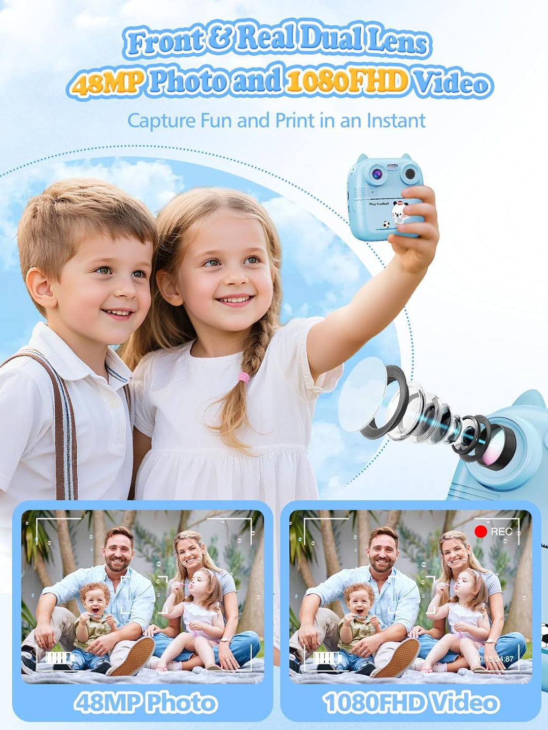 Sofortbildkamera Kinder, 1080FHD 48MP Dual-Kameraobjektive Kinderkamera, mit 4 Druckpapier 2,4 Zoll