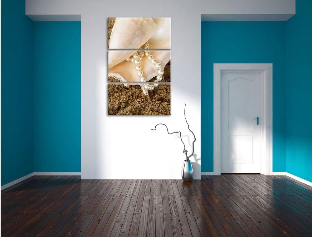 Pixxprint Muschel mit Perle Sand Strand als Leinwandbild/Grösse: 3 Teilig (120x80) cm/Wandbild/Kunst