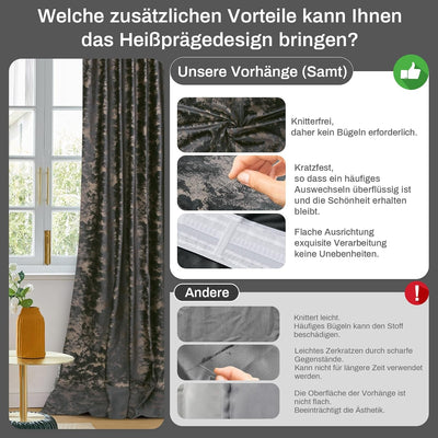 Rosnek Samt Vorhang Grau Blickdicht 2er Set,Gardinen Kräuselband mit Heissprägen Muster,Thermogardin