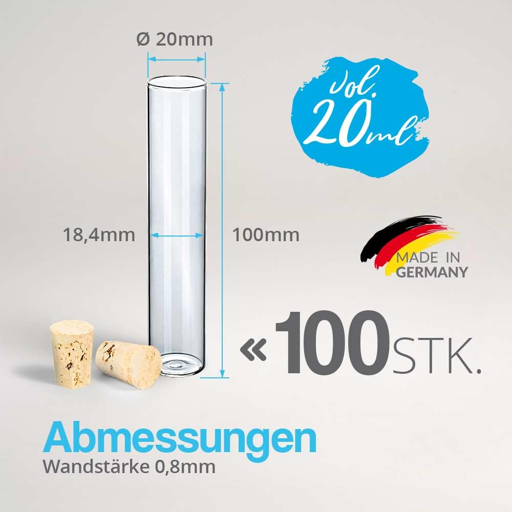 Tuuters 100 Stück Glas Reagenzgläser mit Korken (100 x Ø 20mm) Flachboden | 40ml Reagenzglas mit Nat