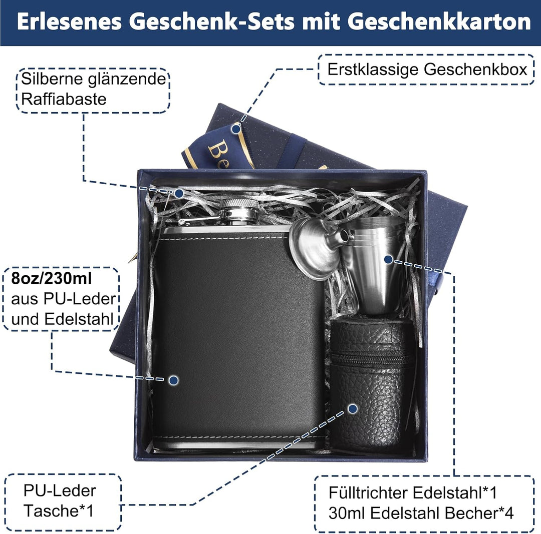LILABIENE Flachmann Geschenkset Leder Edelstahl Schwarz mit 4 Becher Trichter für Männer Geburtstag