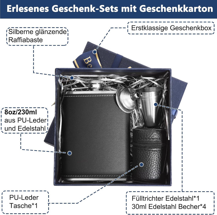 LILABIENE Flachmann Geschenkset Leder Edelstahl Schwarz mit 4 Becher Trichter für Männer Geburtstag