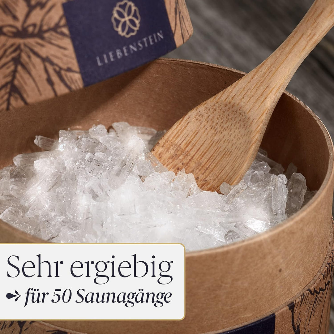 BIO Mentholkristalle Sauna Liebenstein® [100g] – nachhaltige Verpackung und Dosierlöffel aus Holz –