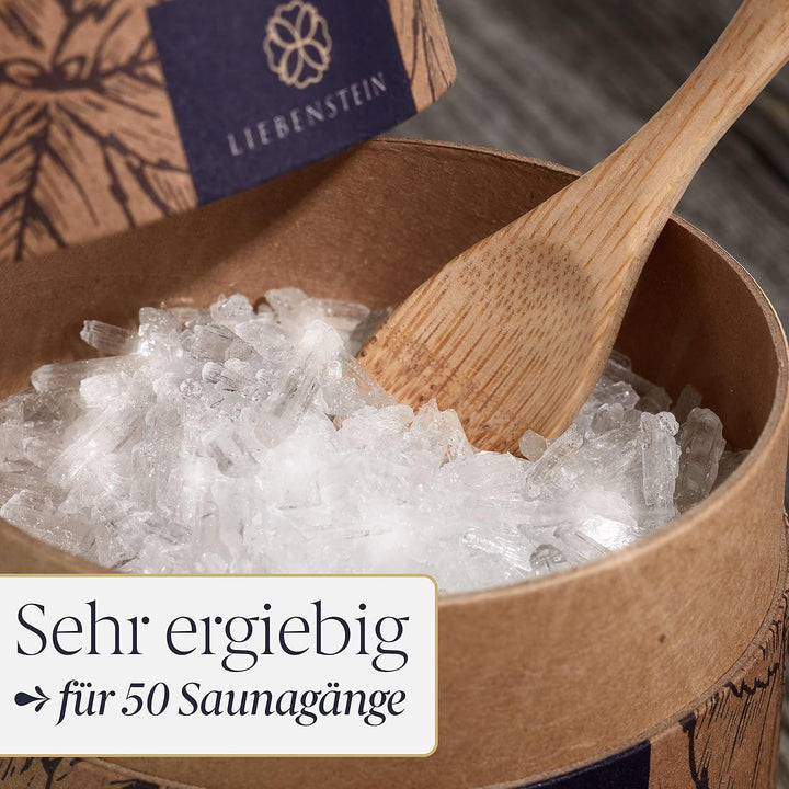 BIO Mentholkristalle Sauna Liebenstein® [100g] – nachhaltige Verpackung und Dosierlöffel aus Holz –