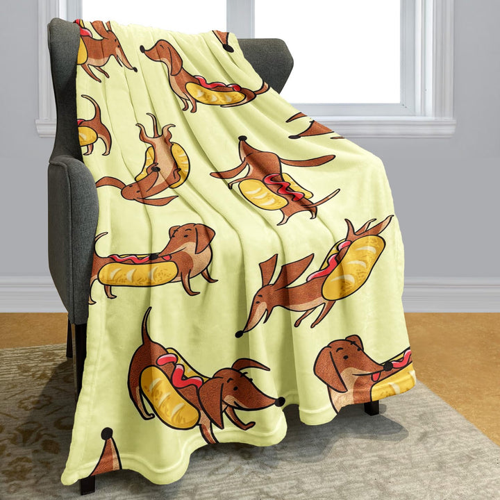 YISUMEI Kuscheldecke mit Dackel Hotdog Spass, Super weiches Fleece, Überwurfdecke für Bettwäsche Cou