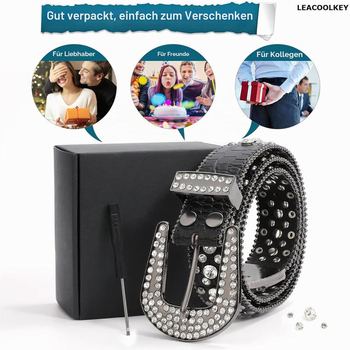 LEACOOLKEY Damen Männer Mode Strass Gürtel, Western Cowgirl Nieten Punk PU Ledergürtel für Jeans XL: