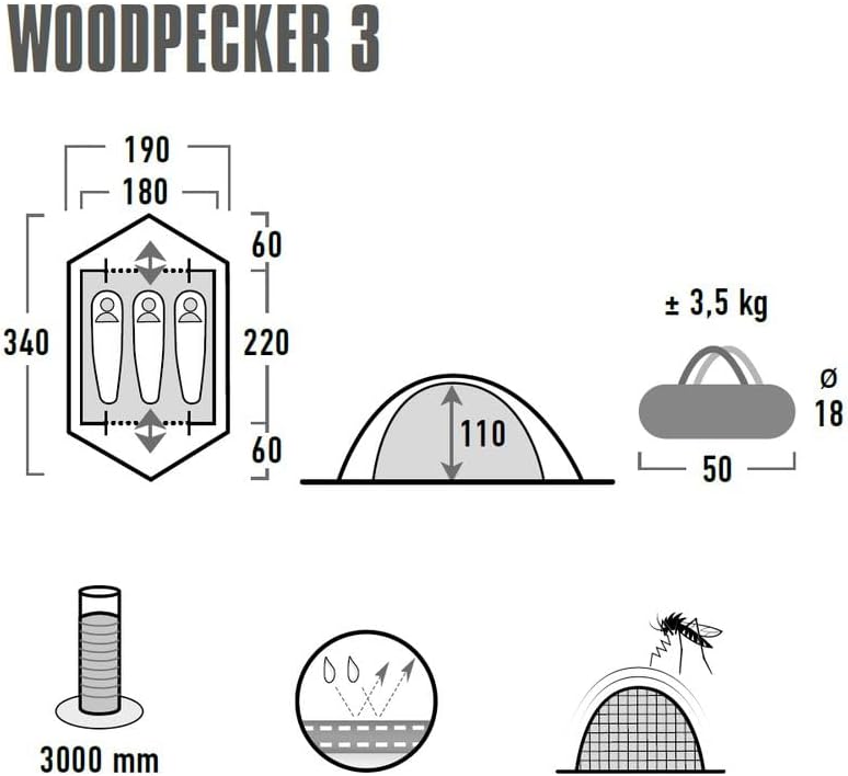 High Peak Kuppelzelt Woodpecker 3, Campingzelt, Trekkingzelt für 3 Personen, 2 Eingänge, Stauraum, D
