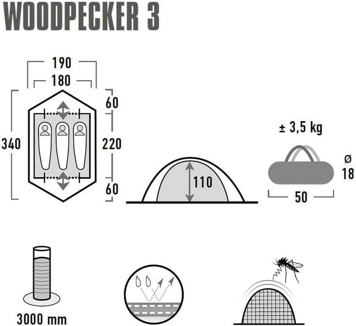 High Peak Kuppelzelt Woodpecker 3, Campingzelt, Trekkingzelt für 3 Personen, 2 Eingänge, Stauraum, D