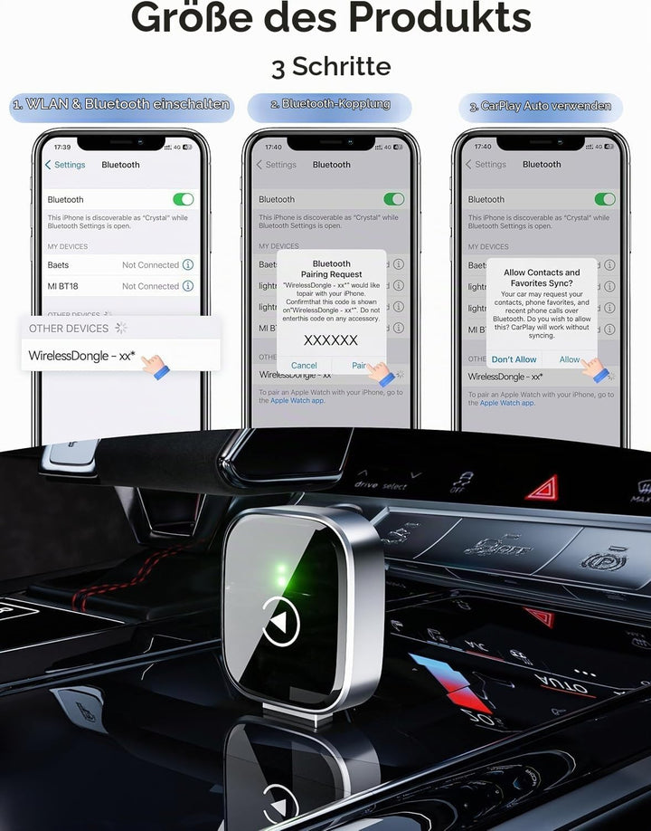MZU CarPlay Wireless Adapter für iPhone – Upgrade auf kabelloses CarPlay, Plug &amp; Play, USB/Type-C, M