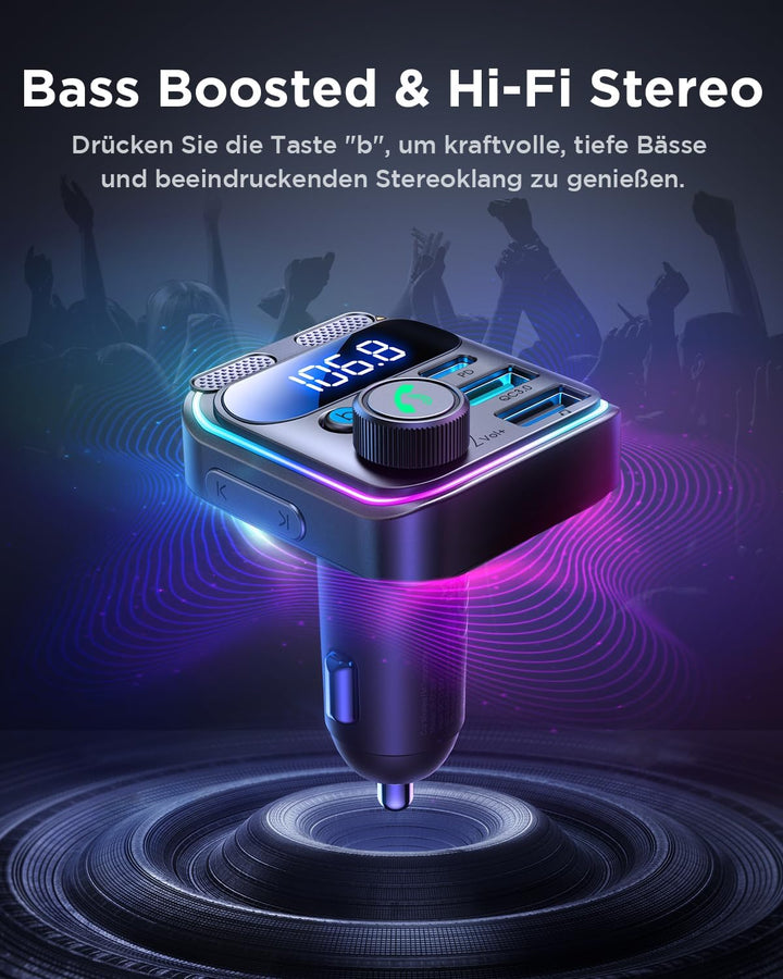 JOYROOM 48W Bluetooth Adapter Auto,【Bass & Hi-Fi Stereo】FM Transmitter Auto Bluetooth 5.3,【30W PD US