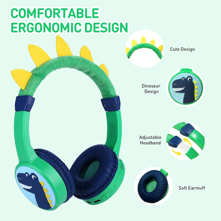 Bluetooth Kopfhörer Kinder, Dinosaurier Kinder Kopfhörer mit Kabel, Mikrofon, 85dB Lautstärkebegrenz