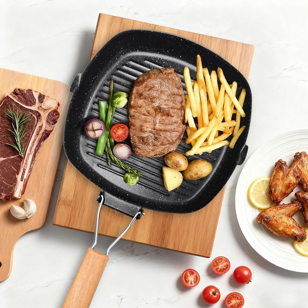 Antihaft-Grillpfanne Mit Klappbarer, 28 x 28 cm Steakpfanne, Grillpfanne Pfanne Maifan Stone Square