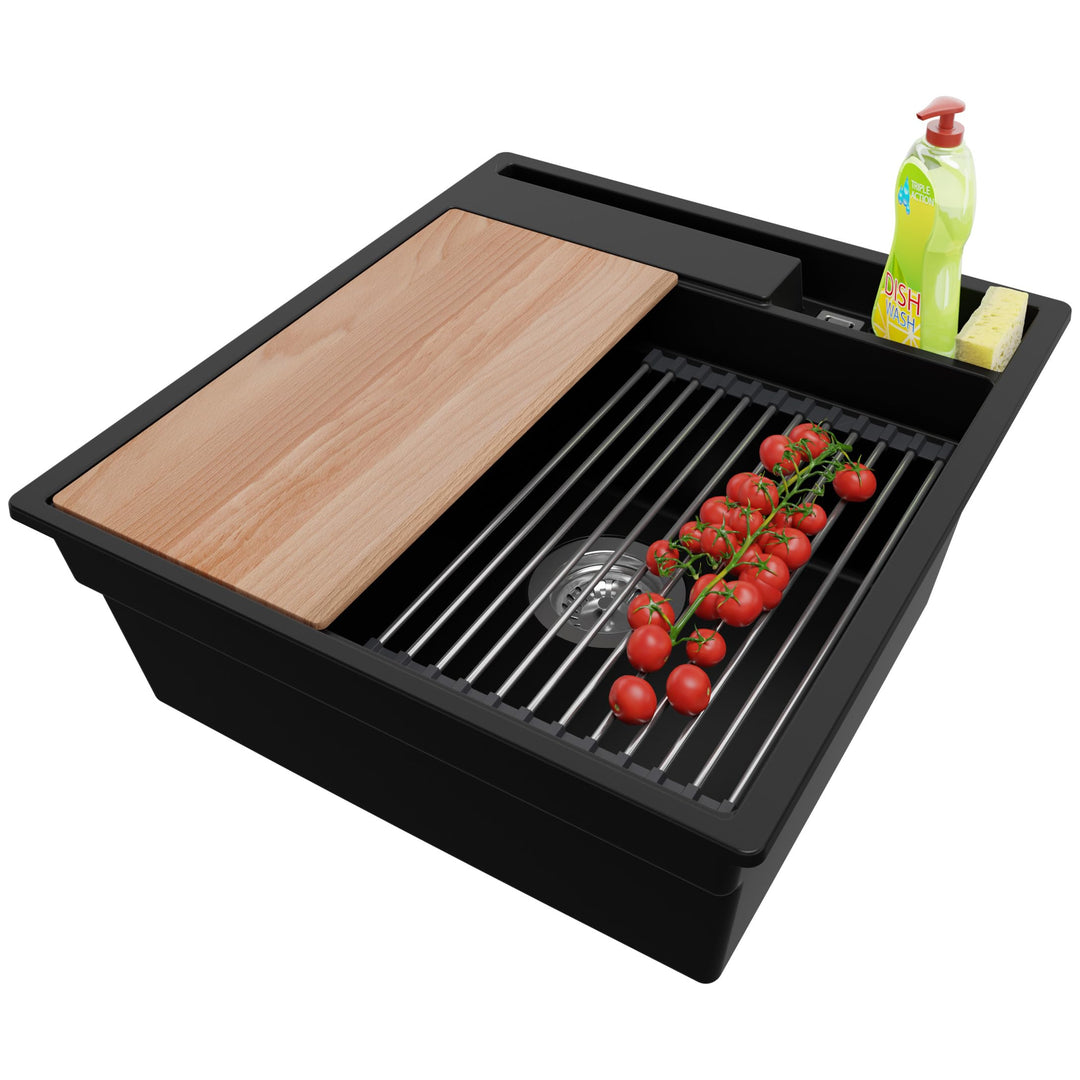 Spülbecken Schwarz 48x53 cm, Granitspüle 1 Becken + Ablauf-Set, Küchenspüle ab 50er Unterschrank, Ei