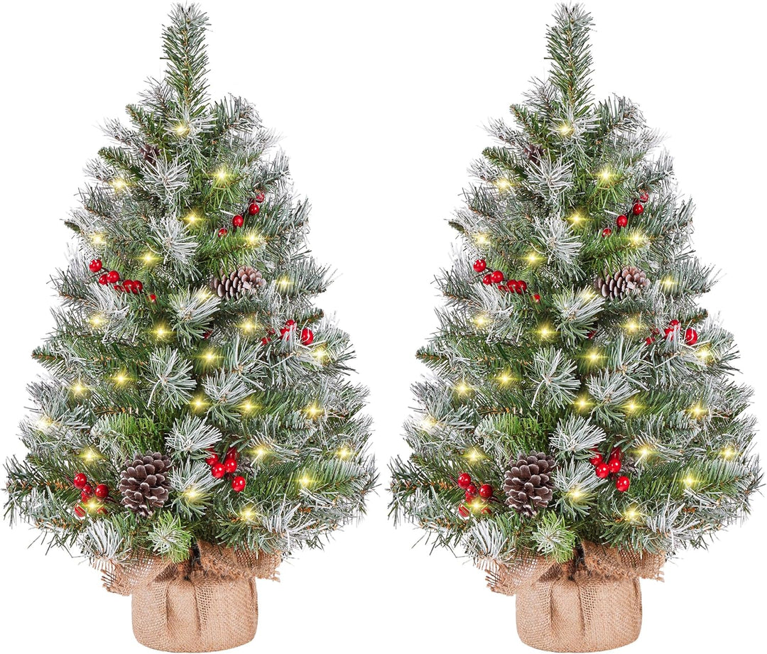 Yaheetech 2 Stück 98 cm Mini Künstlicher Weihnachtsbaum mit Schnee inkl. 50 Warmweiss LED & 70 Roten