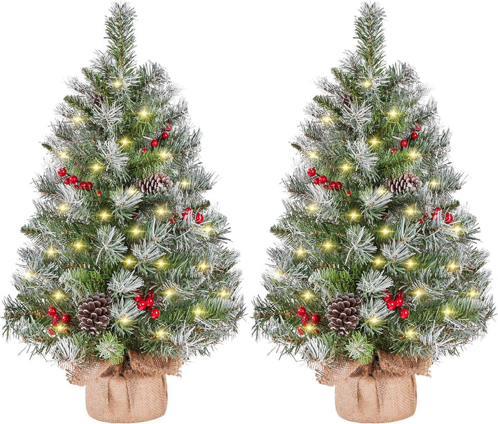Yaheetech 2 Stück 98 cm Mini Künstlicher Weihnachtsbaum mit Schnee inkl. 50 Warmweiss LED & 70 Roten