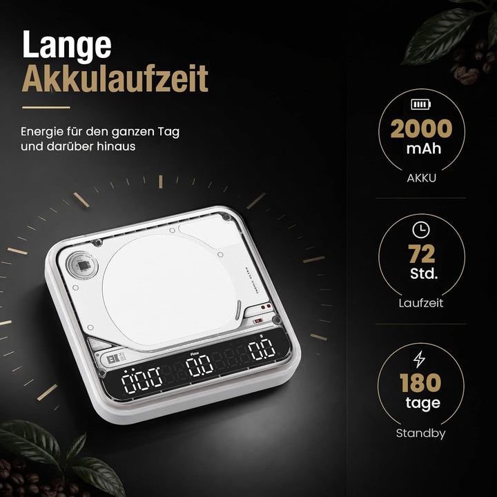 BOOKOO Kaffeewaage mit Timer, 0,1 g hochpräzise Espresso Waage, 2 kg, 4 Modi, Bluetooth-App & Flow R