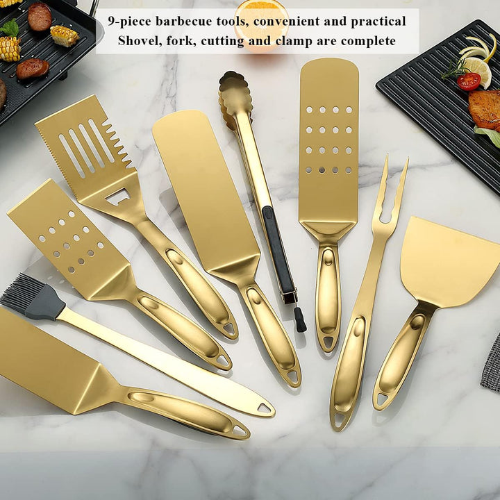 Kyraton Gold Grill Zubehör Kit 9 teilig, Grill Zubehör Set, Titan Gold Beschichtung Edelstahl mit Ba