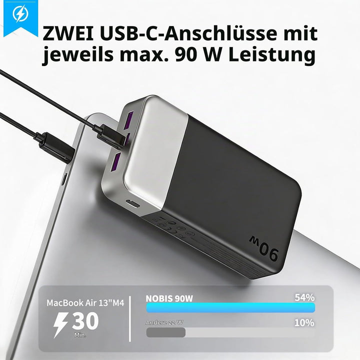 NOBIS 90W 20.000 mAh Powerbank, Tragbarer Laptop-Ladegerät mit 4 Anschlüssen, PD Schnellladung, Digi