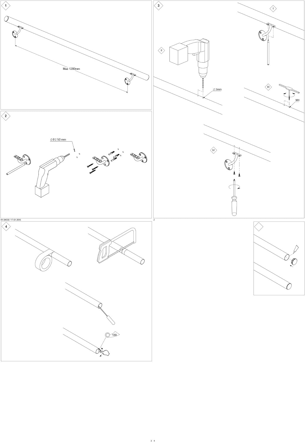 DOLLE Edelstahl Handlauf | Handlaufset 150 cm (kürzbar)| inkl. Halterung V2A | Ø 42,4 mm | Wandhandl
