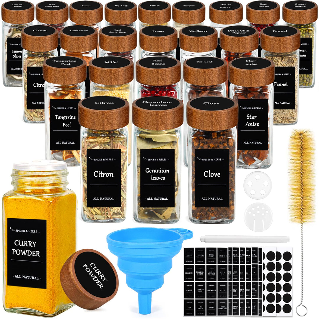 24 Stück 120ml Gewürzgläser Eckig Set, Gewürzgläser Set, Gewürzgläser Eckig mit Holzdeckel, Gewürzdo
