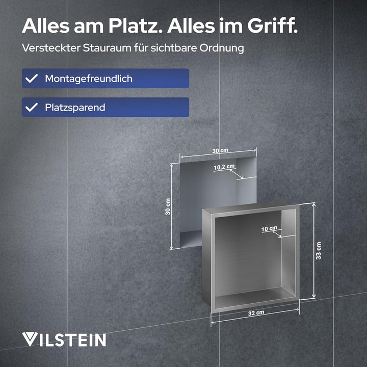 VILSTEIN Wandnische Dusche 30x30 cm - Randlose Duschnische - Silber - Einbauregal für Dusche im Aufp