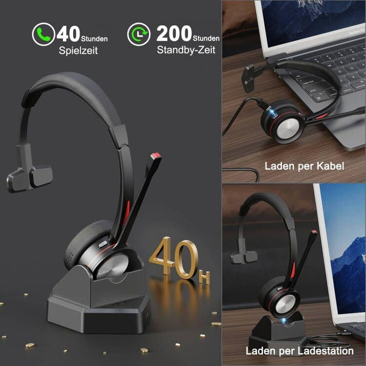 Beebang Bluetooth Headset mit Mikrofon für PC, Wireless Headset mit USB Adapter & Ladestation, 40 St