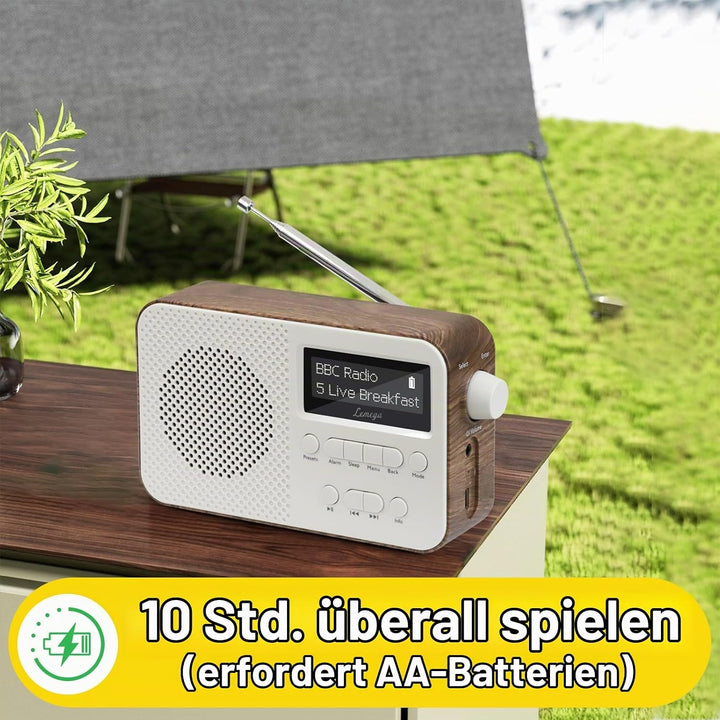 LEMEGA PR2-Max DAB/DAB+ Digitalradio,Bluetooth 5.3,AA-Batterie, Walnuss | 10std akku oder netzbetrie