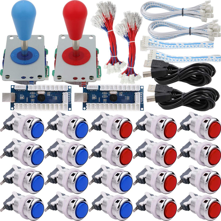 Arcade 2 Player Game Controller Stick DIY Kit LED Buttons Chrome Paint MX Microswitch 8 Way Joystick