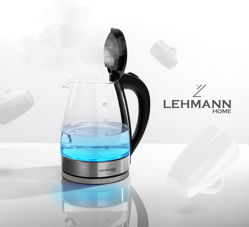 Lehmann LHOEK-2220 Glas Wasserkocher 2 Liter, 2200W, elektrischer Wasserkocher aus Glas mit LED-Hint