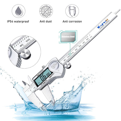 Kynup Digital Messschieber, Schieblehre Messwerkzeuge 150mm/6-Zoll Edelstahl IP54 Spritzwasserdicht