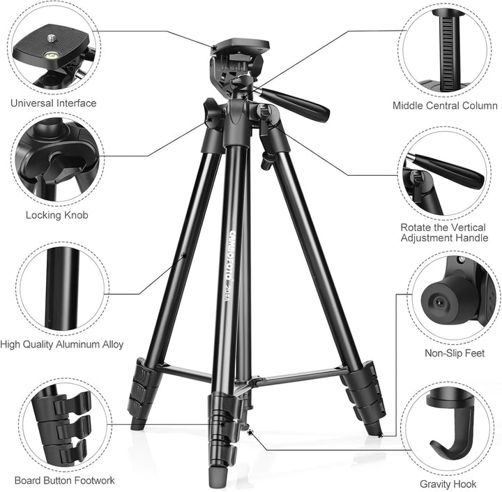 CAMBOFOTO 134 cm Leichtes Smartphone-Stativ, Aluminium-Stativ mit Handyhalterung, Kompatibel mit iPh