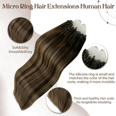 Hetto Echthaar Microring Extensions Balayage Microring Echthaar Extensions Dunkelstes Braun bis Hell