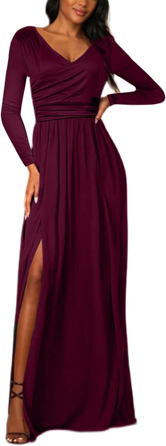 Damen Kleid 2.0 Elegant Langarm V-Ausschnit Tunika Maxikleider Casual Hohe Taille Saumschlitz Cockta