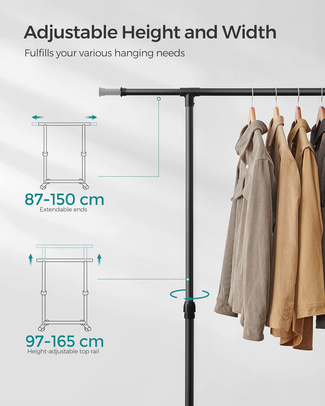 SONGMICS Kleiderständer auf Rollen, Kleiderstange, höhenverstellbar zwischen 97 und 165 cm, ausziehb