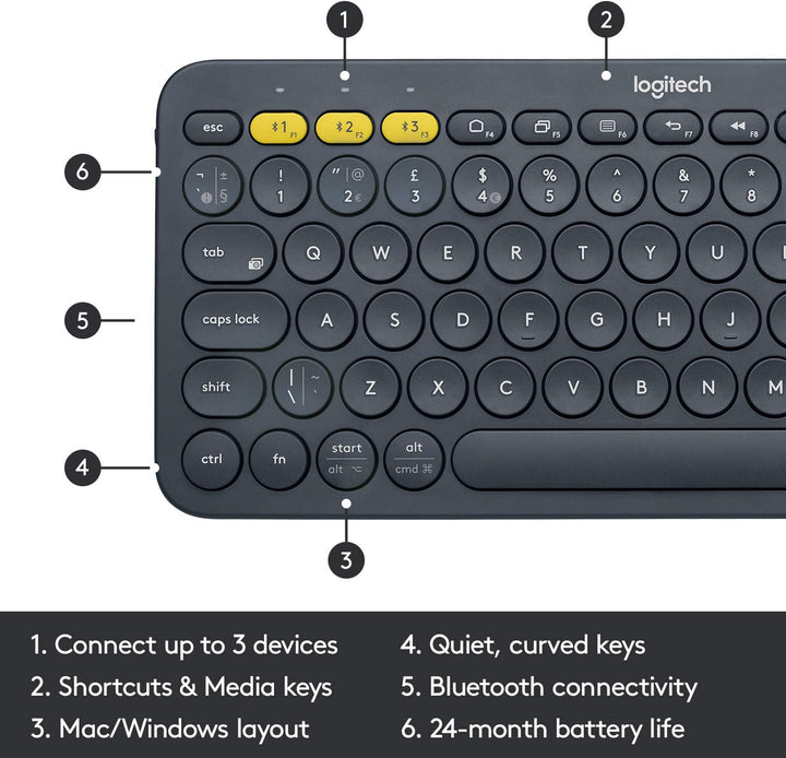 Logitech K380 Kabellose Bluetooth-Tastatur, Multi-Device & Easy-Switch Feature, Windows- und Apple-S