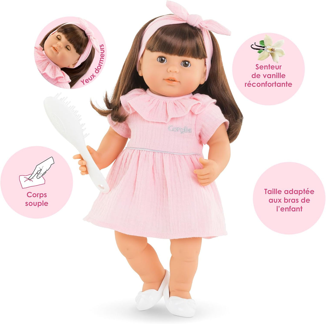 Corolle Mon Grand Poupon Julie, 36cm Weichkörperpuppe mit langem braunen Haar, inkl. Bürste, Schlafa