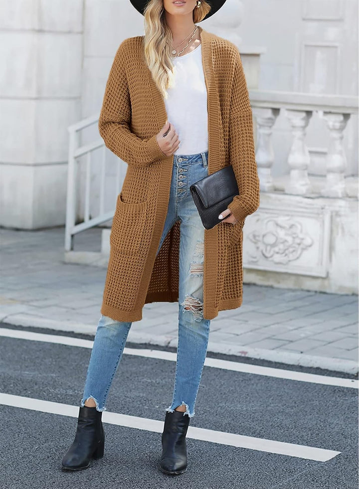 Damen Lang Strickjacke Oversize Langarm Sweater Cardigan Casual Strickmantel Herbst Outerwear mit Ta