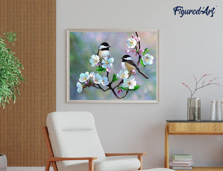 Figured'Art Diamond Painting Erwachsene 40x50cm Ganze Leinwand gerollt Kleine Vögel und weisse Blume