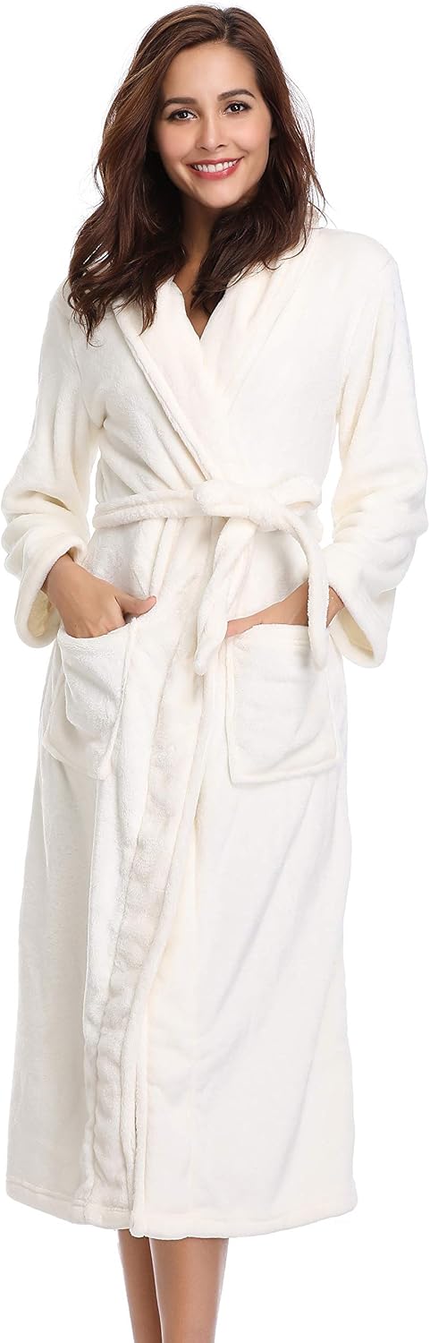 Vlazom Winter Bademantel weicher Flanell Bademantel Damen Saunamantel mit Kapuze Flauschiger Morgenm