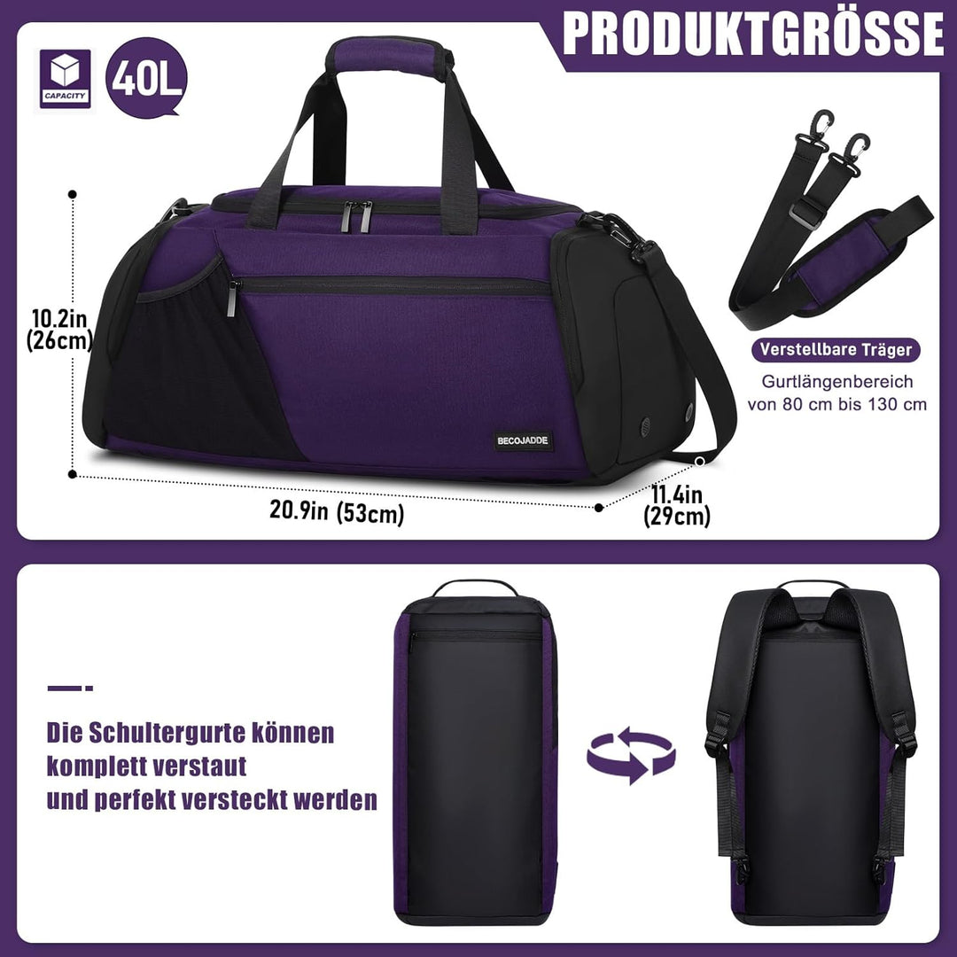 Sporttasche Herren 40L Gross Sporttaschen Reiserucksack Mehrere Taschen Rucksack mit Schuhfach Nassf