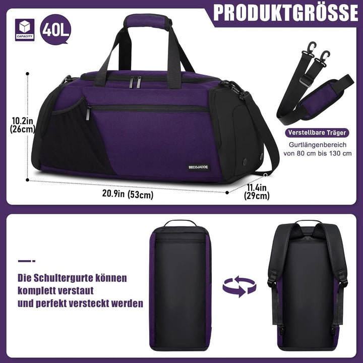 Sporttasche Herren 40L Gross Sporttaschen Reiserucksack Mehrere Taschen Rucksack mit Schuhfach Nassf