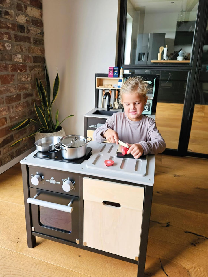 small Foot Kinderküche mit Kücheninsel Industrial, datailreiche Spielküche aus Holz mit viel Zubehör