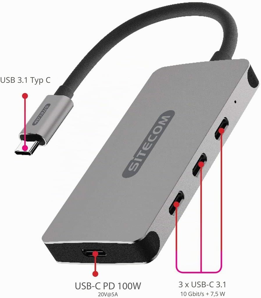 Sitecom CN-386 USB-C Hub 4 Port | USB-C auf 3X USB-C + 1x UBS-C Power Delivery Port Adapter mit 10 G