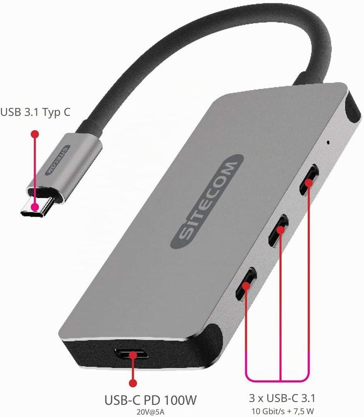 Sitecom CN-386 USB-C Hub 4 Port | USB-C auf 3X USB-C + 1x UBS-C Power Delivery Port Adapter mit 10 G