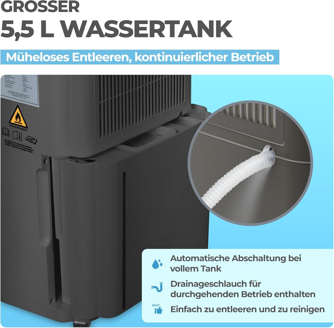 KLAMER Luftentfeuchter elektrisch 25L in 24h mit 5,5L Tank – Leiser, energieeffizienter Raumentfeuch