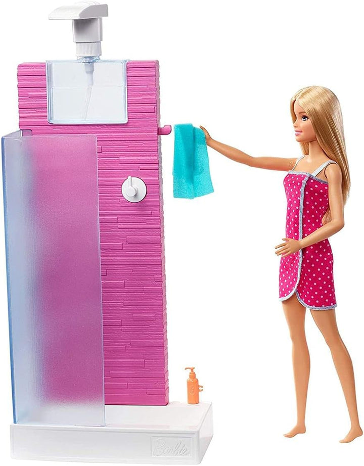 Barbie FXG51 Barbie Deluxe-Set Möbel Badezimmer & Puppe Badezimmer mit Dusche, Badezimmer mit Dusche