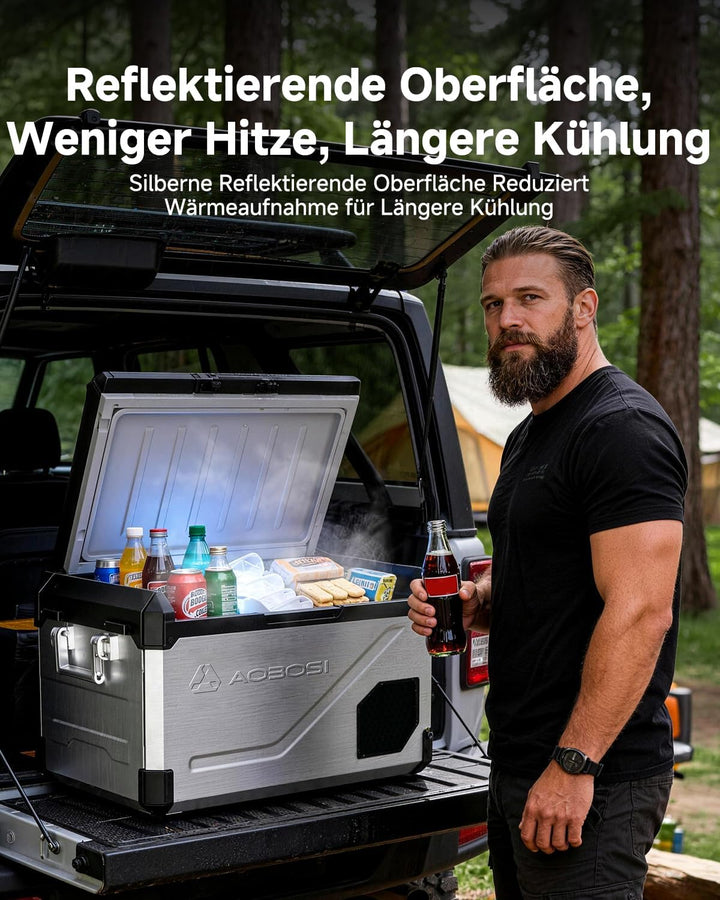 AAOBOSI 45L Kompressor Kühlbox Dual Zone bis -20℃，Edelstahlgehäuse &amp; Aluminium-Innenausstattung，12/2