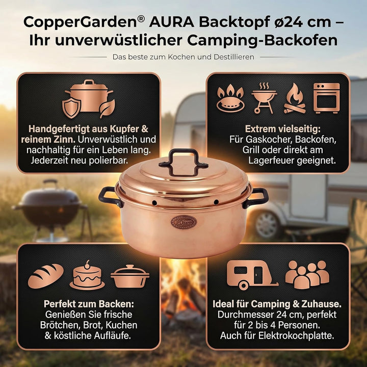 CopperGarden Aura24 Backtopf aus Kupfer I Kupfertopf für Camping/Gasherd/Grill & Lagerfeuer I Kupfer